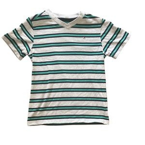 Tommy Hilfiger Green and Grey Striped V-Neck Short Sleeve Tee
